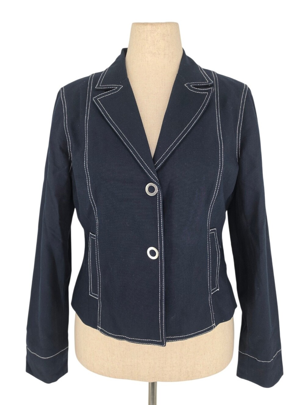 Liz Claiborne Blazer Size 10 Navy Contrast Stitch Cotton Stretch - Picture 2 of 13